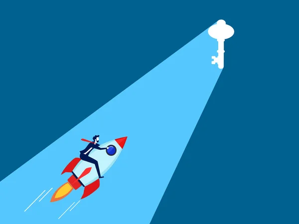 Innovación Busca Éxito Empresario Volando Cohete Dirigiéndose Hacia Puerta Clave — Vector de stock