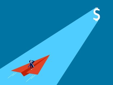 İş adamı kağıttan bir uçağı parlayan bir para kapısına doğru uçuruyor. vektör