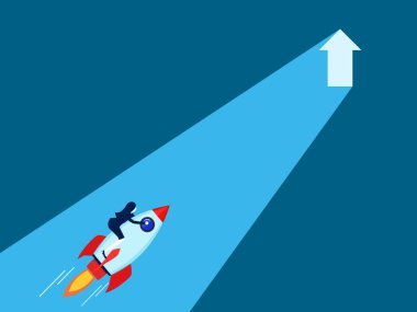 Büyüme fırsatları buldum. Kadın parlayan oklarla bir roketin içinde kapıya doğru uçuyor. Vektör