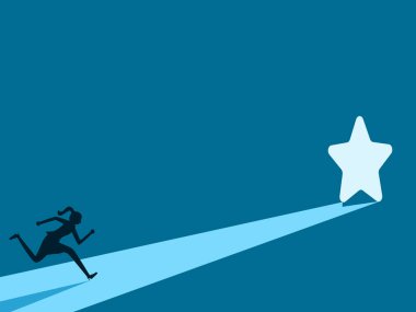 Başarı fırsatı. Kadın yıldız deliği kapı vektörüne doğru koşuyor