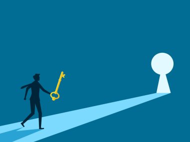 Anahtar deliğine bakan bir anahtar tutan adam. Vektör