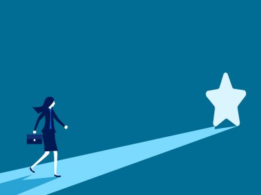 Yeni fırsatlar gör. İş kadını yıldız kapısında ışık görüyor. Vektör