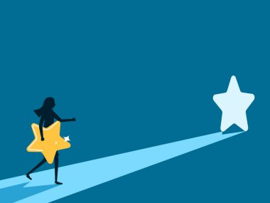 Yeni fırsatlar gör. Kadın yıldız kapısında ışık görüyor. Vektör