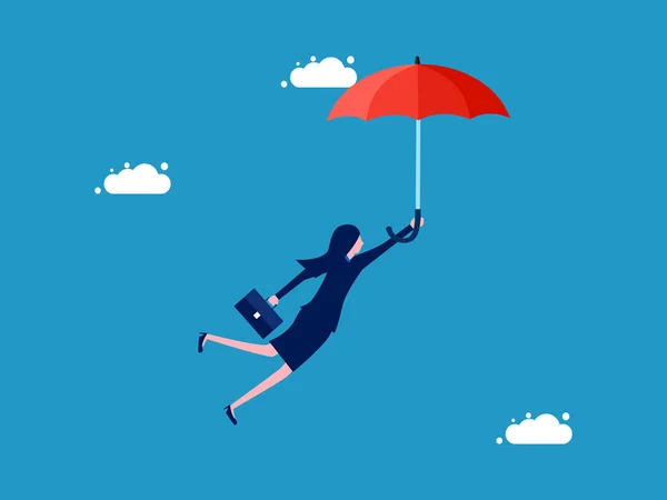 Geschäftsfrau Fliegt Mit Rotem Regenschirm Risikoprävention Für Unternehmen Vektor Stockvektor