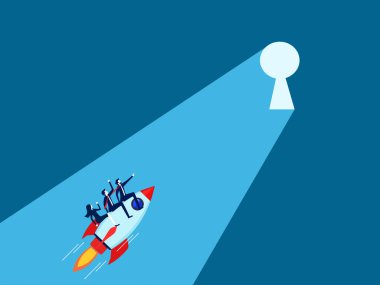 İş adamlarından oluşan bir ekip roketle parlak bir anahtar deliğine uçuyor. Vektör