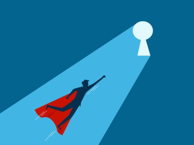 Birinci sıradayım. İşadamı kahraman parlak bir anahtar deliğine uçuyor. Vektör