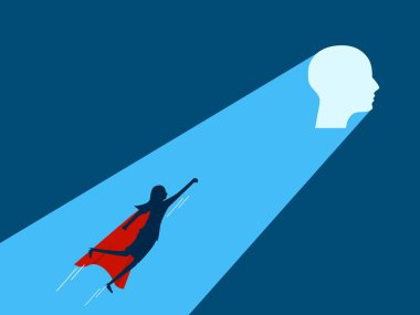 Düşünce ışığı. Kadın insan kafası ikonuna uçuyor. Vektör illüstrasyonu