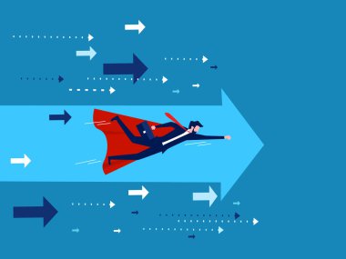 İlerleme. İş adamı kahraman yenilikçi bir şekilde uçar. Vektör