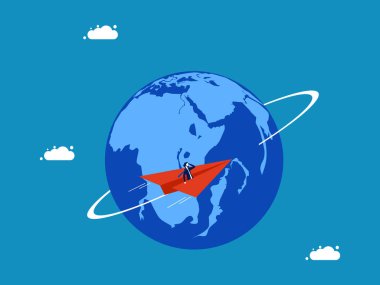 Dünya ekonomik lideri. İş adamları dünyanın her yerinde kağıt uçaklarla uçar. Vektör