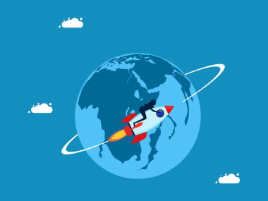 Birinci sınıf yenilik. İş kadını dünyanın dört bir yanında roketle uçuyor. Vektör