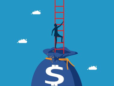 Özgürlük ve finans. Adam para çantası vektöründen merdiveni tırmanır.