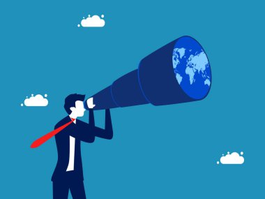 Dünya ekonomisinin geleceğine bakıyoruz. Dünya haritasına dürbün vektörüyle bakan işadamı