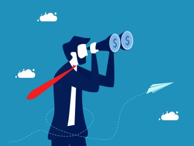 Yatırım tahmini. İş adamı para vektörüne bakmak için dürbün kullanır