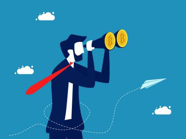 Yatırım tahmini. İşadamı dijital paralara bakmak için dürbün kullanır. Vektör