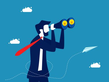 Geleceği bilgiyle tahmin et. İş adamı ampullere bakmak için dürbün kullanır. Vektör