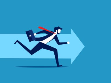 Kariyer ilerlemesi. İleriyi gösteren okla çalışan bir işadamı