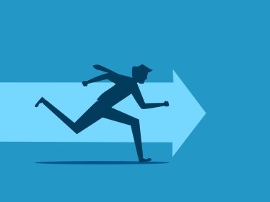 İş ilerlemesi. İleriyi gösteren okla çalışan bir işadamı