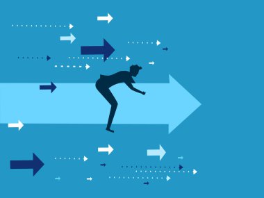 Hızlı iş ilerlemesi. Önü işaret eden bir ok süren bir iş adamı. Vektör