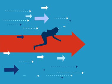 Hızlı ilerleme. İleriyi gösteren bir ok süren iş kadını. Vektör