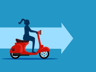 Hızlı ilerleme. İş kadını, motorsikletini öne doğru tutan bir okla kullanıyor. vektör