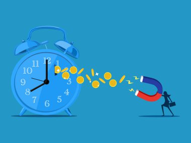 Para kazanma zamanı. İş kadını bir saatten para çekmek için mıknatıs kullanır. Vektör