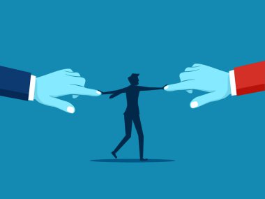 Anlaşmazlığı çözün. İki elini de atan bir iş adamı. Vektör illüstrasyonu