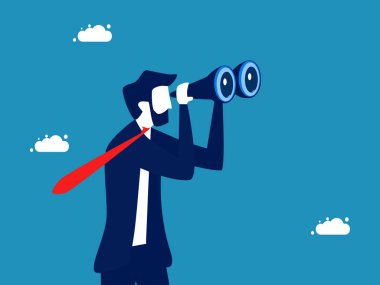 Faydalarını gör. Büyük gözlü işadamı dürbüne bakıyor. vektör