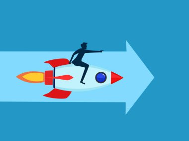 Kariyer ilerlemesi. İşadamı, ok boyunca ileriyi gösteren bir roketi kontrol ediyor. vektör