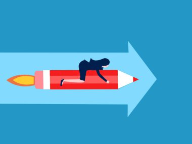 Kariyer geliştirme. İş kadını ok boyunca ileriyi gösteren bir kalem roketi kullanıyor. Vektör