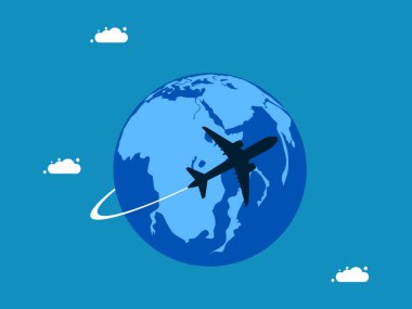 Dünyanın etrafında uçan bir uçağın silueti. vektör illüstrasyonu