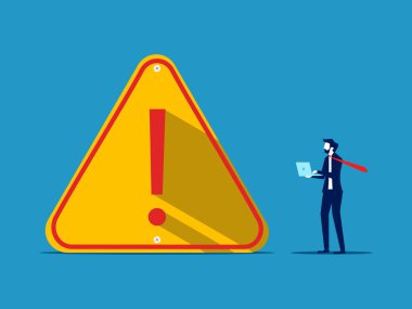 Uyarı mesajı. İşadamı ünlem işaretiyle karar verir. Vektör