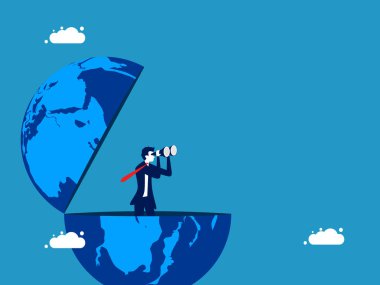 Dünya ekonomik vizyonu. İş adamı dürbün vektörüne bakarak dünyayı açar