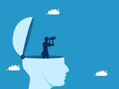 Başarı fikrini bul. İş adamı fikri kafasında dürbün vektörü kullanarak açar