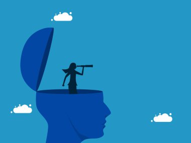 Başarı fikrini bul. İş kadını fikri kafasında dürbün vektörü kullanarak açar