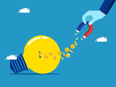 İş adamı ampulden para emiyor. Fayda kavramı. Vektör