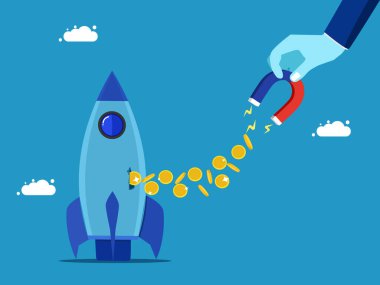 İş adamı roketten para emiyor. Yatırım yaparak kazanç sağlama kavramı. Vektör