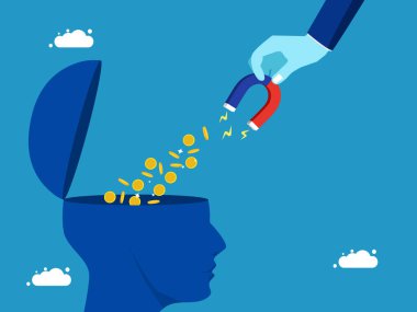 Para fikir üretir. İş adamı kafadan para emiyor. Vektör