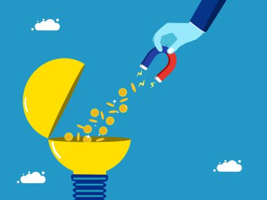 Para kazanmak için fikirler. İş adamı ampulden para emiyor. Vektör