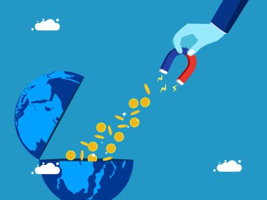 Dünyadan para kazanmak. İş adamı dünya vektöründen para emiyor