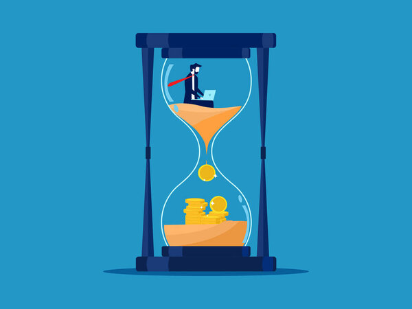 Пора превратить работу в деньги. Бизнесмен работает с песочными часами. вектор