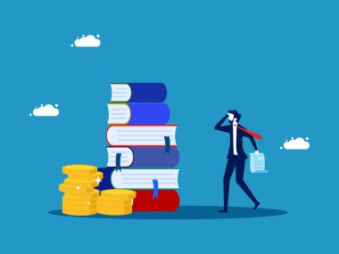 Öğrenmek için ödeme yap. İşadamı bir tomar para ve kitapla okul faturasını tutuyor. vektör