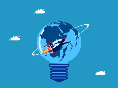 Dünya çapında bir bilgi. İş kadını bir ampulle dünyanın etrafında bir roketin içinde uçuyor. vektör