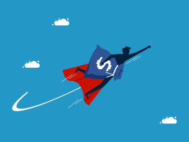 Finansal kriz için yardım. Bir çanta dolusu para tutan iş adamı kahraman gökyüzünde süzülüyor. Vektör