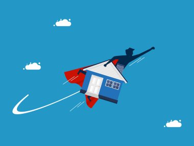 Konut krizini atlattım. İş adamı kahraman elinde gökyüzünde uçan bir ev tutuyor. Vektör