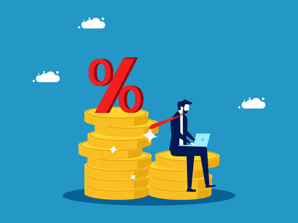 Calculate interest. Businessman sitting on pile of coins with percentage. Vector
