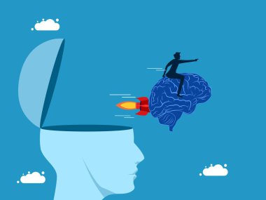 İlerici düşünce. İşadamı beyninin uçmasını kontrol ediyor. Vektör