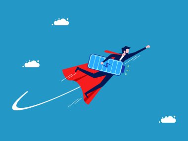 İşadamı kahraman tüm gücüyle gökyüzüne çıkıyor. Vektör illüstrasyonu