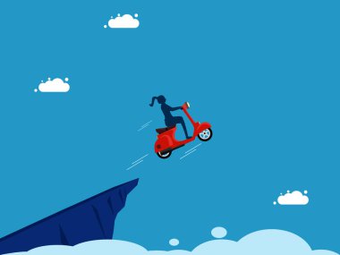 İlerlemeye cesaret et. İş kadını motosiklet kullanıyor ve uçurumdan atlıyor. vektör