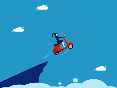 Kendini ilerlemeye adamış. İş kadını motosiklet kullanıyor ve uçurumdan atlıyor. vektör