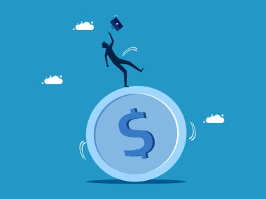 Mali sıkıntılar. İş adamı tökezliyor ve bozuk paranın üstüne düşüyor. vektör